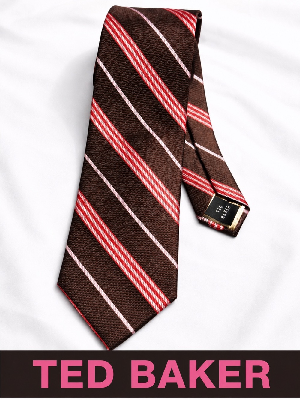 Ted Baker London Brown Tie with Gold and Pink Diagonal Stripes 100% Silk NWOT